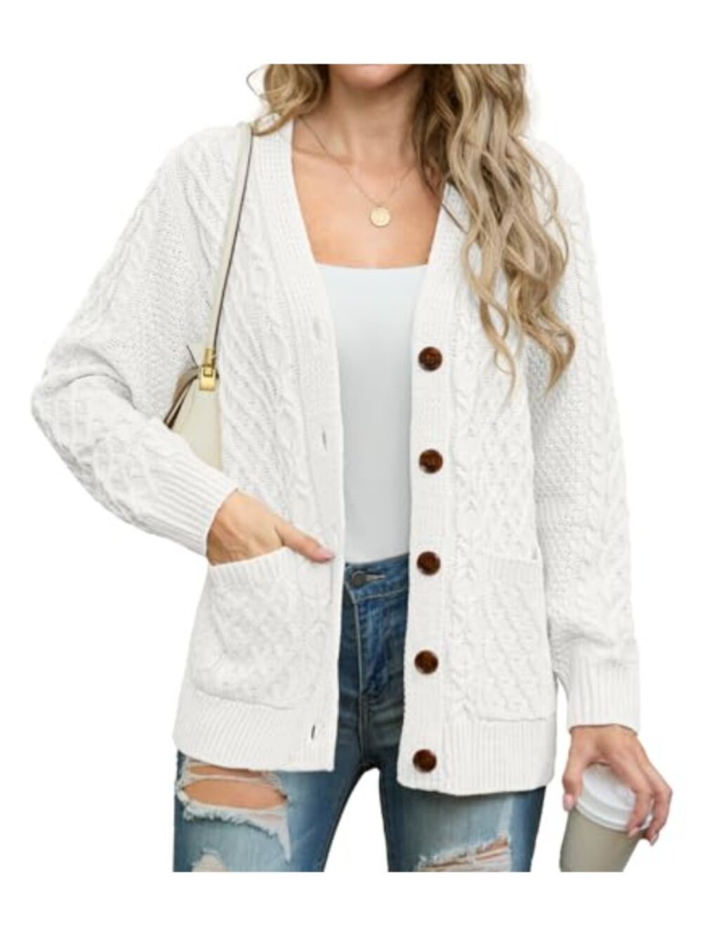 Cable Knit Cardigan Womens Open Front Button Down Sweater with Pockets